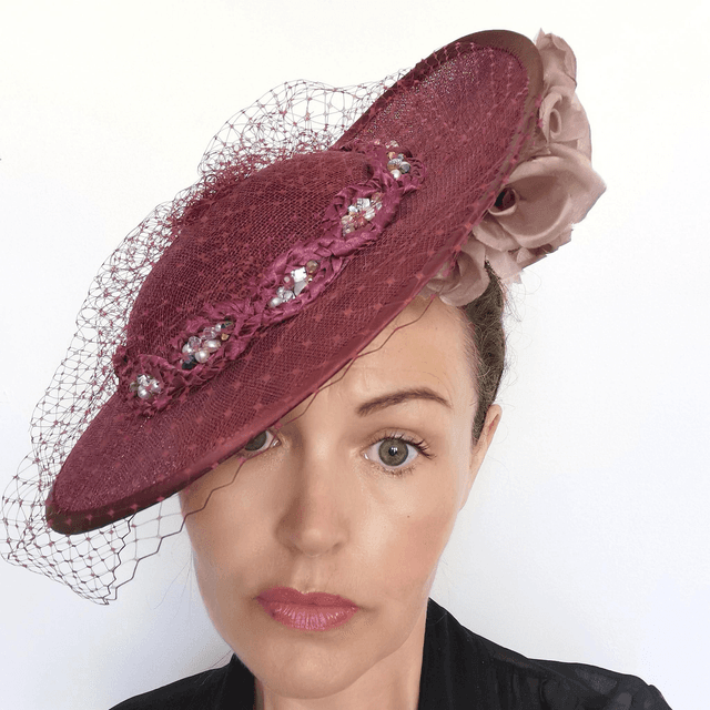 Wine veiled headpiece with dusty pink silk flower