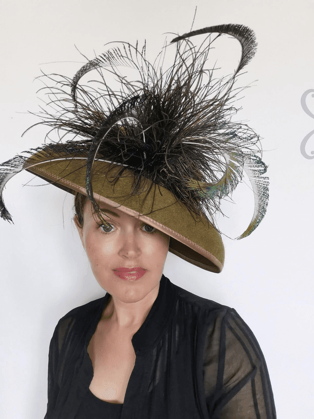 Olive Green Felt Hat with peacock feather trims